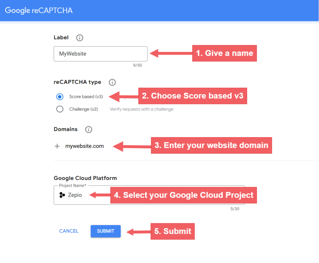 Google reCAPTCHA setup Step 1 for Zepio