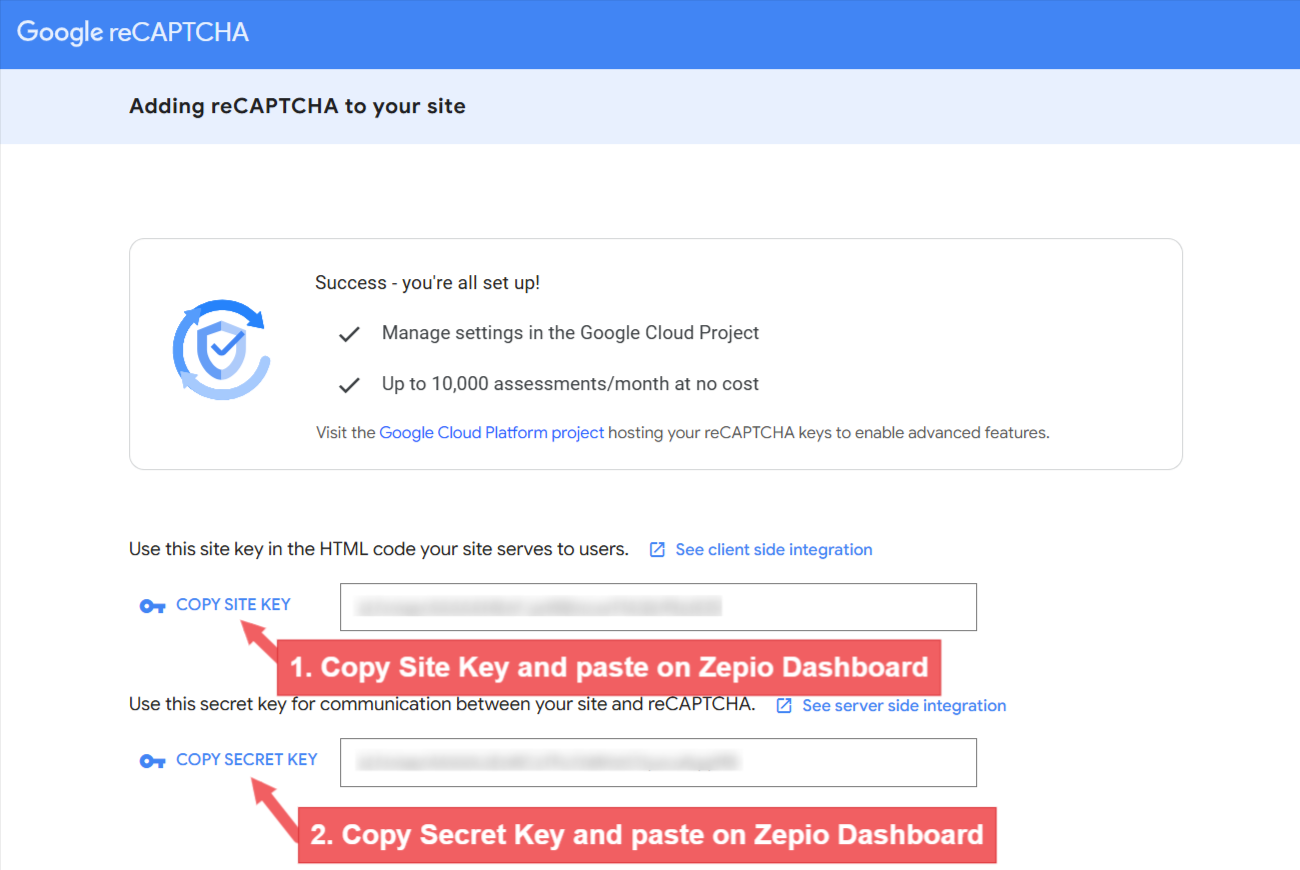 Google reCAPTCHA setup Step 2 for Zepio